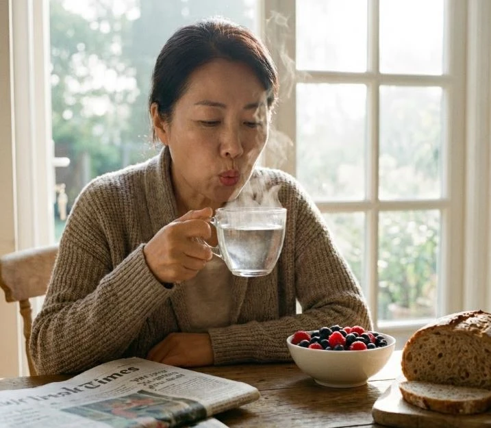 아침에-뜨거운-물-한잔-마시는-여성